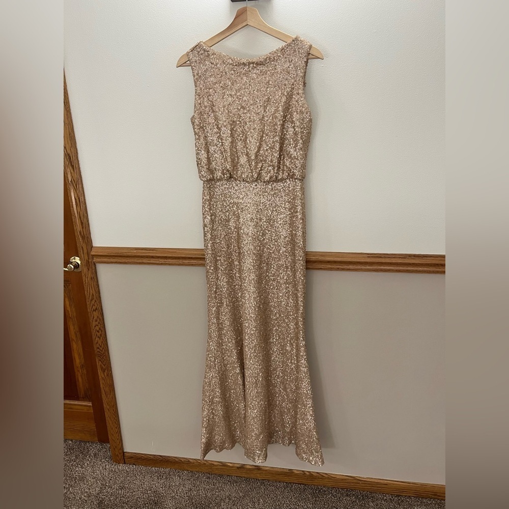 EUC Sorella Vita Gold Sequin Blouson Bridesmaid Gala Maxi Dress size 12